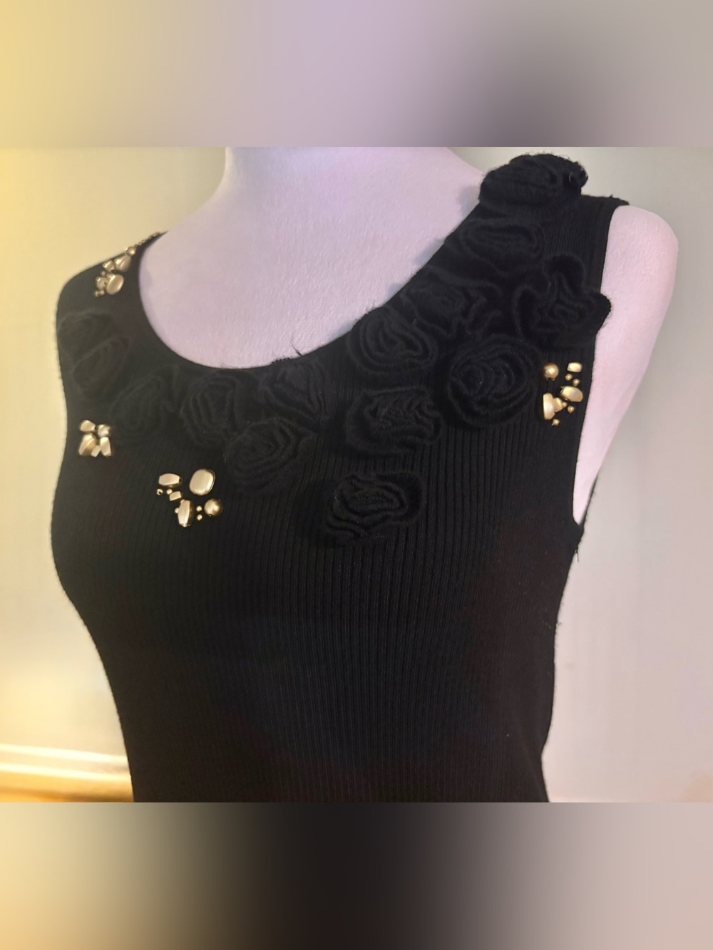 Ruby Rd Embellished Knit Tank, Black with Floral and Gold Accents, Large Petite